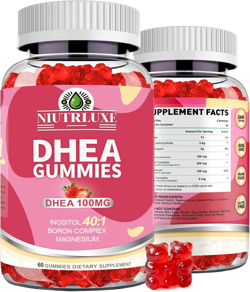 DHEA Gummies, DHEA Kosttilskud til kvinder, DHEA 100mg Chewable with Boron, Inositol and Magnesium, Pro- Aging, Ovarial Support, Sleep Support, Vegan, 60 Counts
