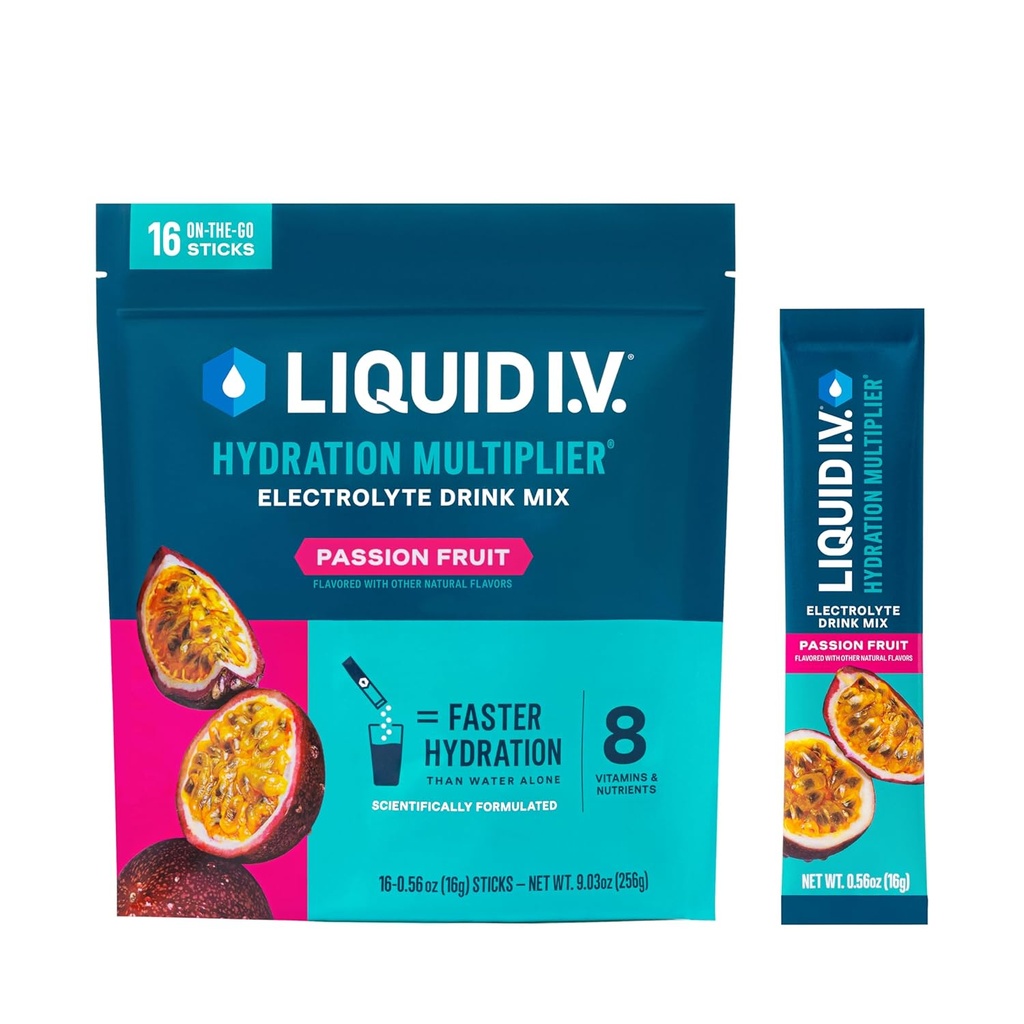 Liquid I.V. ® Hydration Multiplier ® - Passionsfrugt - Hydration Powder Packets - 124; Elektrolyte Powder Drink Mix 124; Praktisk Single-Serving Sticks - 124; Non- GMO MR 124; 16 Servering (pakke med 12)