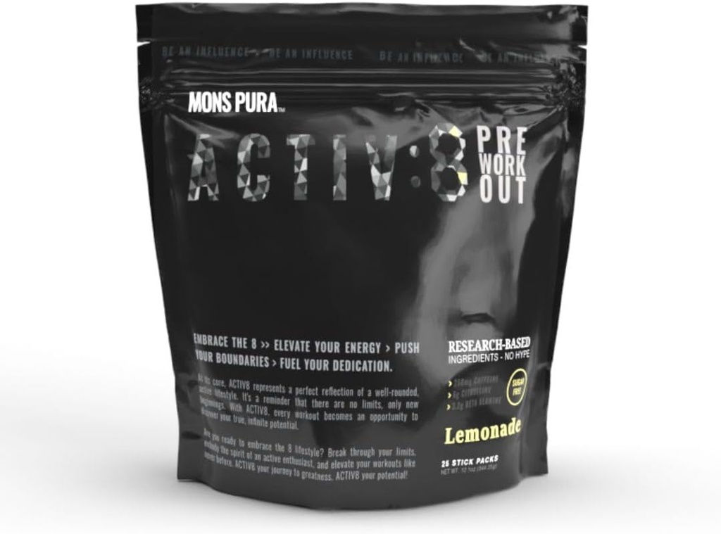 Activ8 Pre- Workout Lemonade Pouch: Energize træning med forskning-baserede ingredienser - 250 mg koffein, Sugar- Free 25 Stick Pack