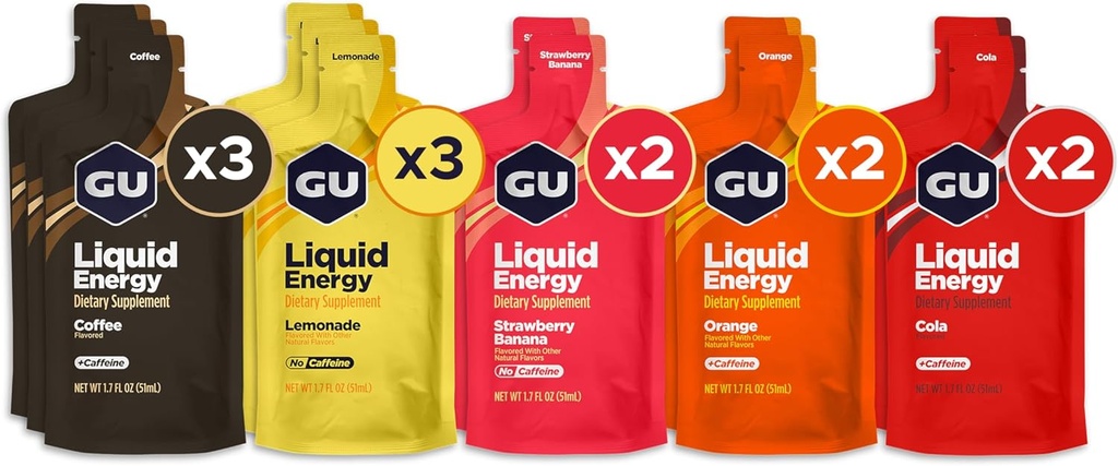 GU Energy Liquid Energy Gel med komplekse kulhydrater, Vegan, Gluten- Free and Dairy- Free On- the- Go Energy for any workout, 12-greve, Assorted Flavors