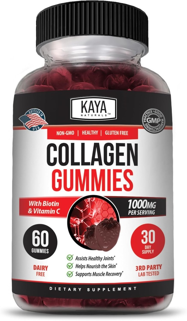 Kaya Naturals Collagen Gummies for mænd og kvinder Supplement Supplement 124; Nature Made Gummies - 1000 mg hydrolyseret Collagen, C-vitamin, Selenium & Biotin, Strawberry Flavor - 60 Count Gummies