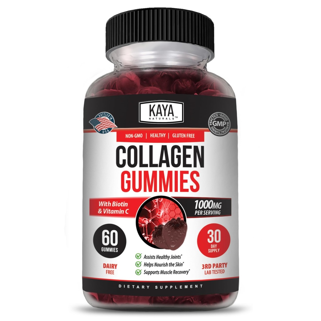 Kaya Naturals Collagen Gummies for mænd og kvinder Supplement Supplement 124; Nature Made Gummies - 1000 mg hydrolyseret Collagen, C-vitamin, Selenium & Biotin, Strawberry Flavor - 60 Count Gummies
