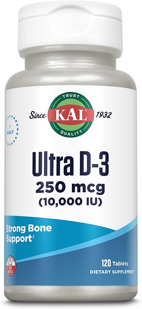KAL Ultra Vitamin D3 10000 IE 250 mcg, højpotens Vitamin D tabletter, Calcium Absorption, ben sundhed og immunsupport, hurtig opløsning D-3 ActivTabs, 120 Servere, 120 tabletter