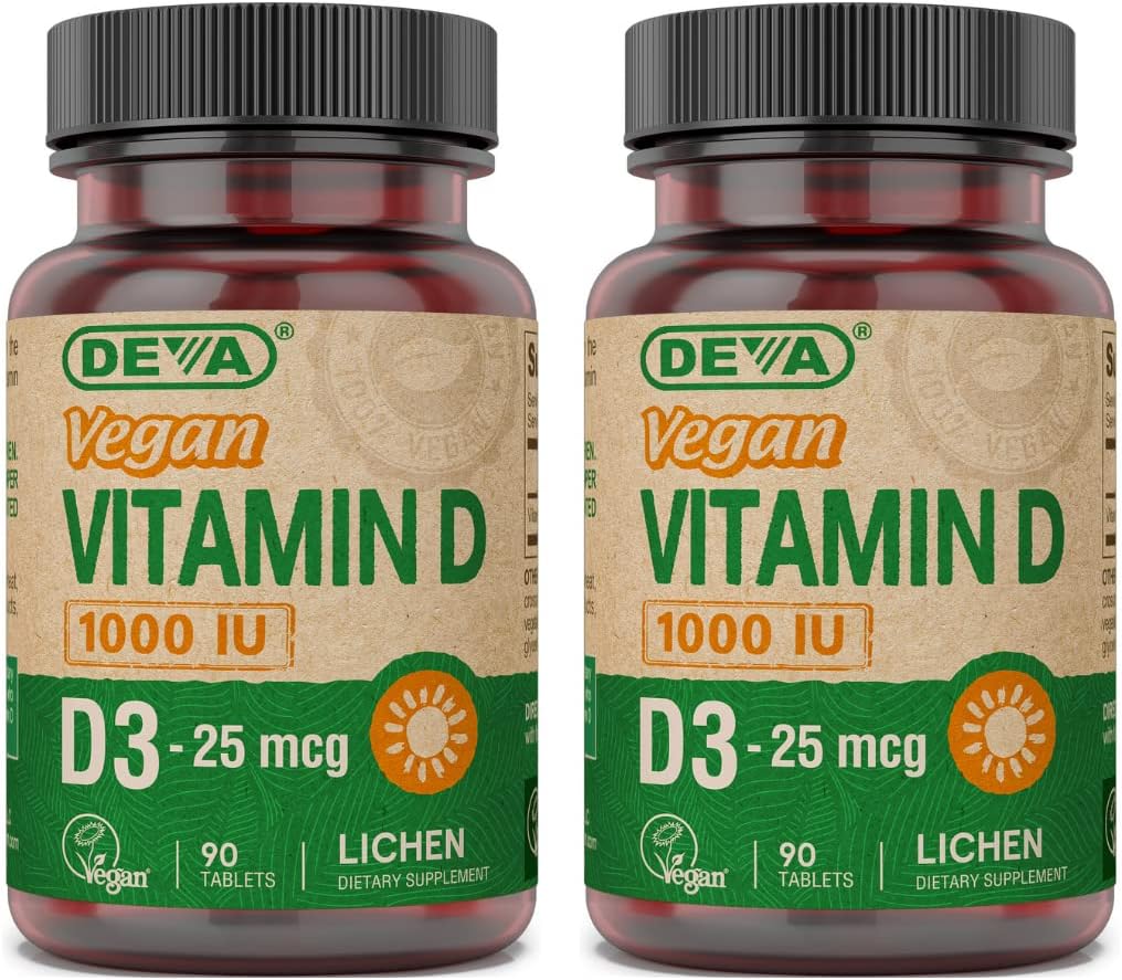 DEVA Vegan Vitamin D3 tillæg - Once- Per- Day tabletter med 1000 IE - Cholecalciferol - Lichen Plant Derived - 90 små tabletter, 2- pakning