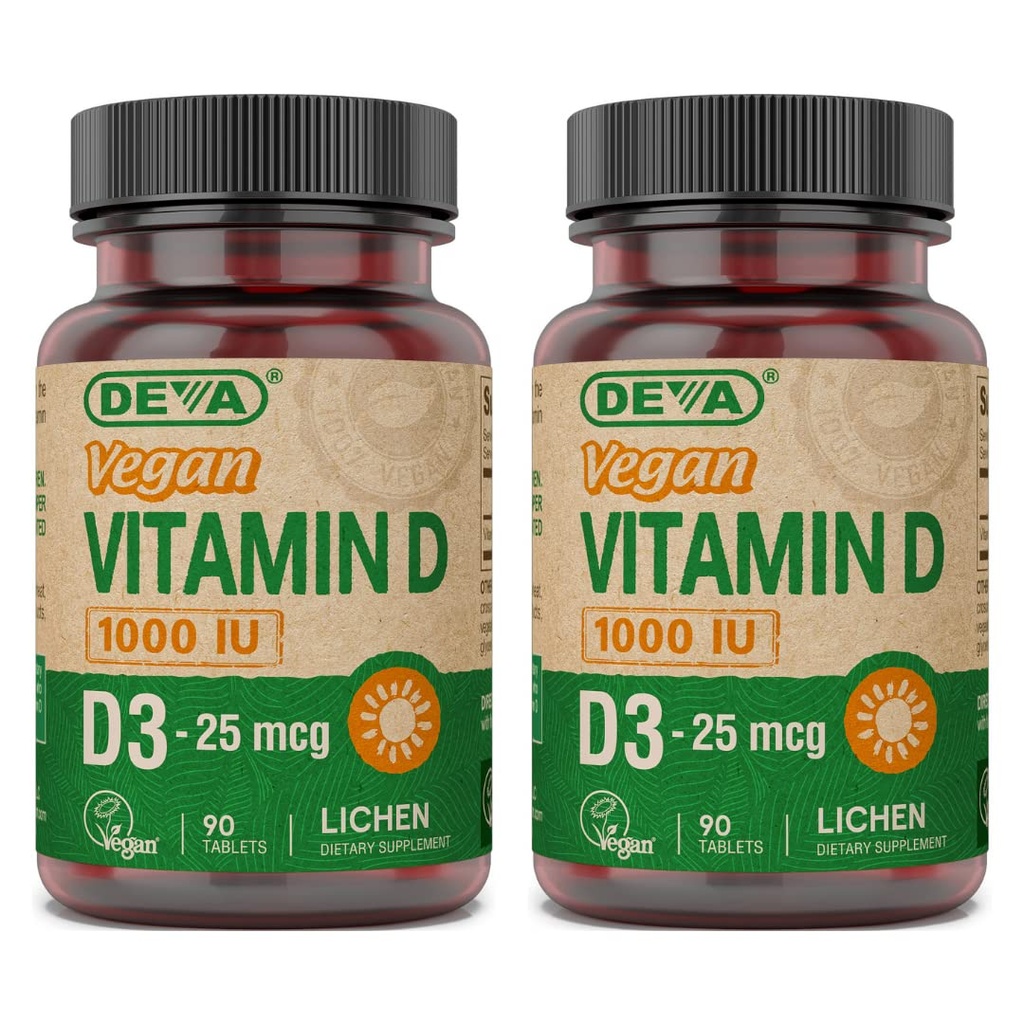 DEVA Vegan Vitamin D3 tillæg - Once- Per- Day tabletter med 1000 IE - Cholecalciferol - Lichen Plant Derived - 90 små tabletter, 2- pakning