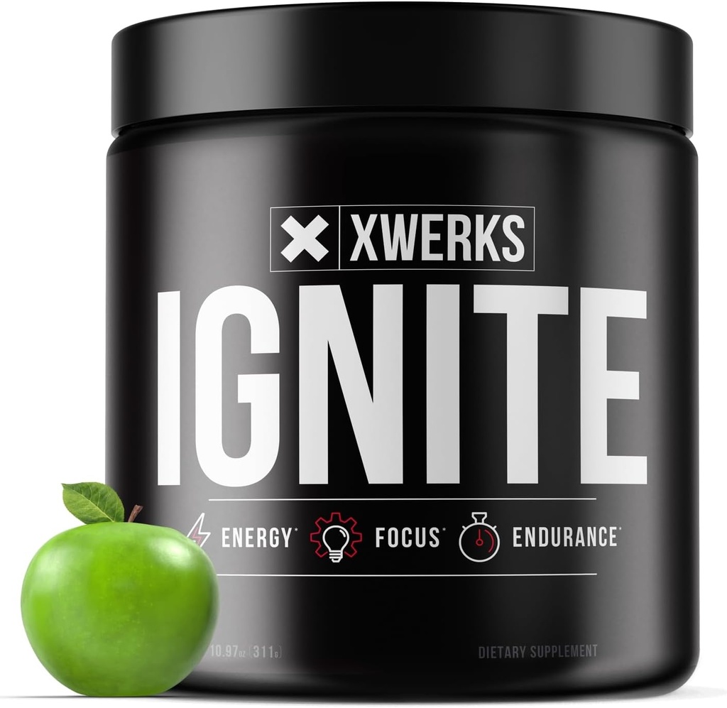 Xwerks Ignite Green Apple Pre Workout Powder, Natural Keto Pre Workout for kvinder og mænd med eksplosiv energi, Gluten Free Blend for Endurance og Stamina, 150mg Koffein, 30 Servere