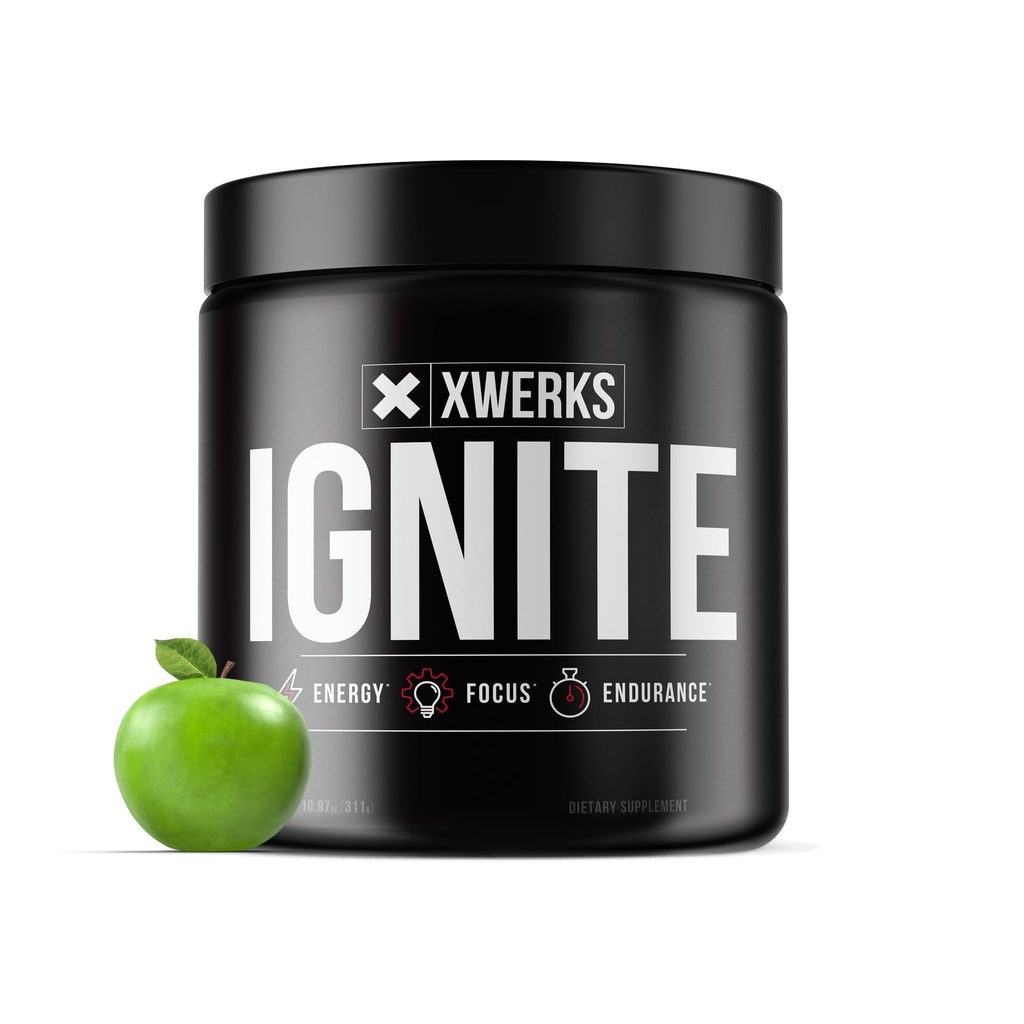 Xwerks Ignite Green Apple Pre Workout Powder, Natural Keto Pre Workout for kvinder og mænd med eksplosiv energi, Gluten Free Blend for Endurance og Stamina, 150mg Koffein, 30 Servere