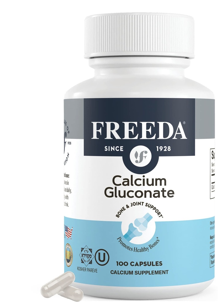 Freeda Calcium Gluconate - Kosher Vegan Calcium Supplement - Nem at Digest & Absorb - Understøtter Bone Styrke - Pure Calcium uden D-vitamin - (100 kapsler)