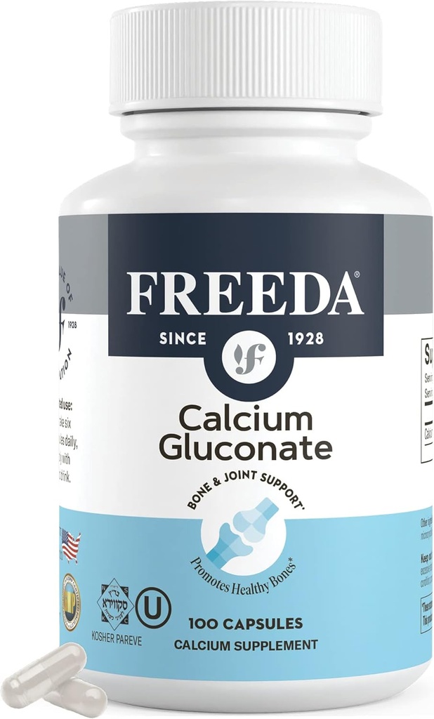Freeda Calcium Gluconate - Kosher Vegan Calcium Supplement - Nem at Digest & Absorb - Understøtter Bone Styrke - Pure Calcium uden D-vitamin - (100 kapsler)