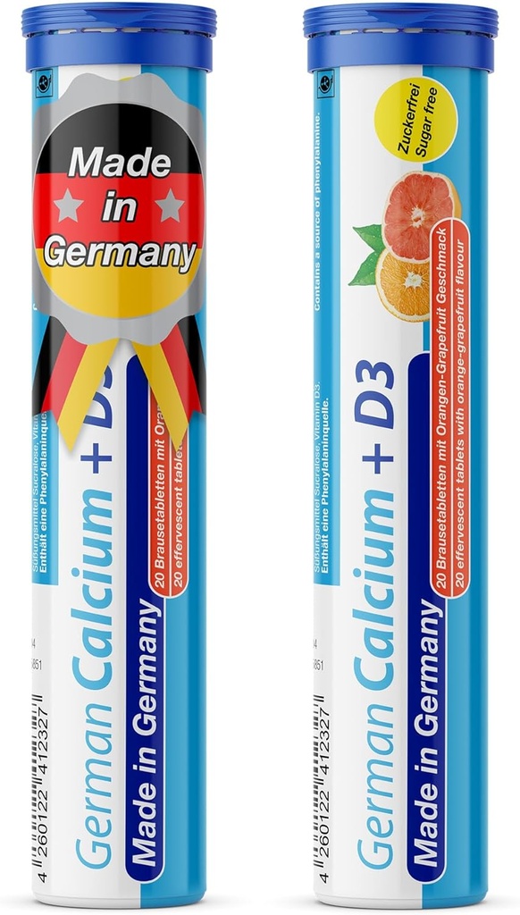 Tysk Calcium + VIT. D - 40 Vegetarisk drik Effervescent tabletter - Orange- Grapefrugt Flavor - Lavet i Tyskland