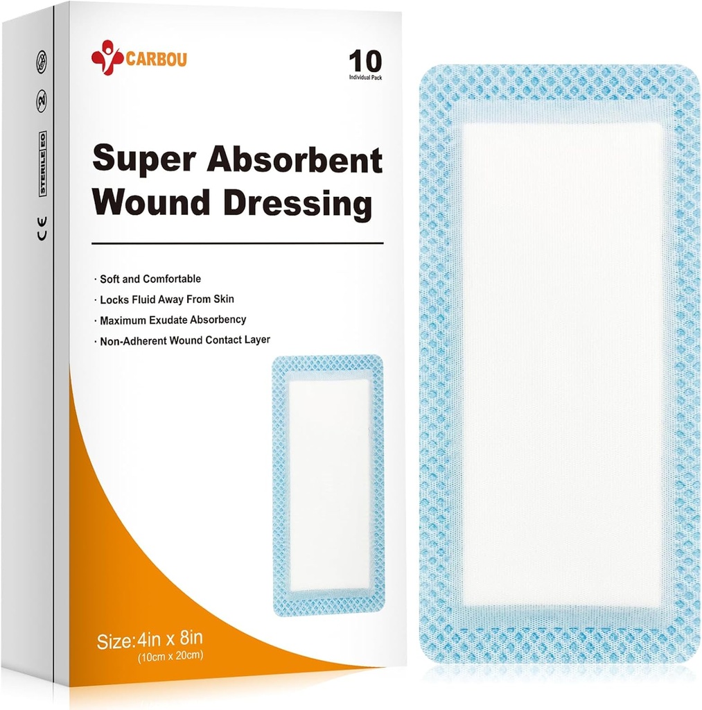Carbou Super Absorbent Sår Klædning Pads 4 "x 8", 10 Individuel Pack, Non Adhesive Absorbent Bands til Sår Care, Soft Højt Absorbent Klædning, Non Stick Gauze Pads til Sår