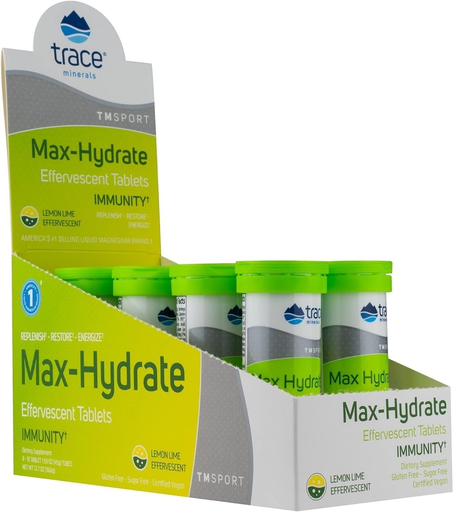 Trace Minerals Max-Hydrate Immunity - Electrolyte Drink Supplement for Immune Health & Hydration Support - Vitality Supplement to Aid Muscle Cramp Relief - Lemon Lime, 8 Containers (80 Servings)