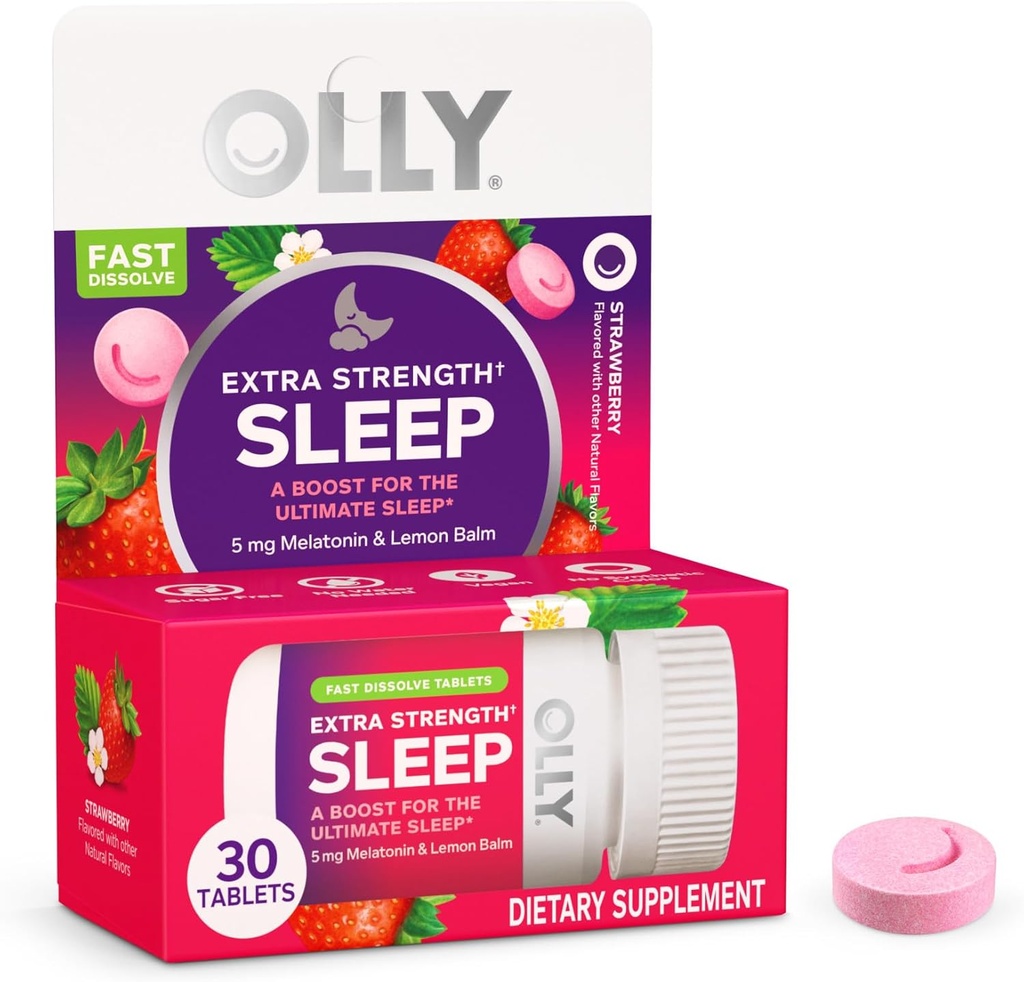 OLLY Extra Strength Sleep Fast Opløs tabletter, 5 mg Melatonin, Vegan, Strawberry - 30ct