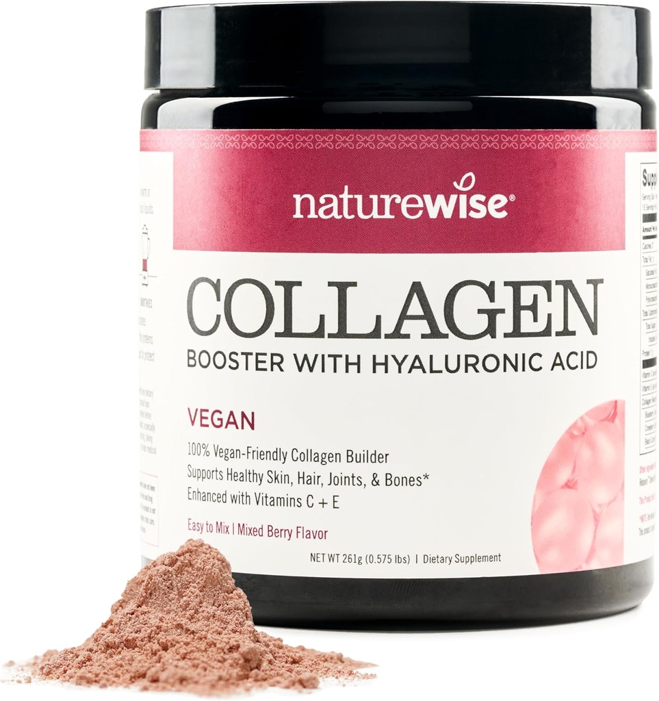 NatureWise Vegan Collagen Powder - Booster Formel for sundt hår, hud og negle med hyaluronsyre, C-vitamin og E, protein - blandet berry flavor - Dairy-fri, ikke-GMO - 15 portioner