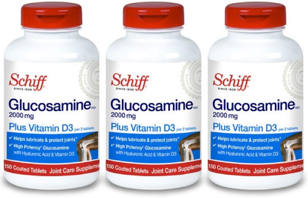 Schiff Glucosamin 2000mg med D3- vitamin og hyaluronsyre, 150 tabletter - fælles tillæg (pakning med 3)
