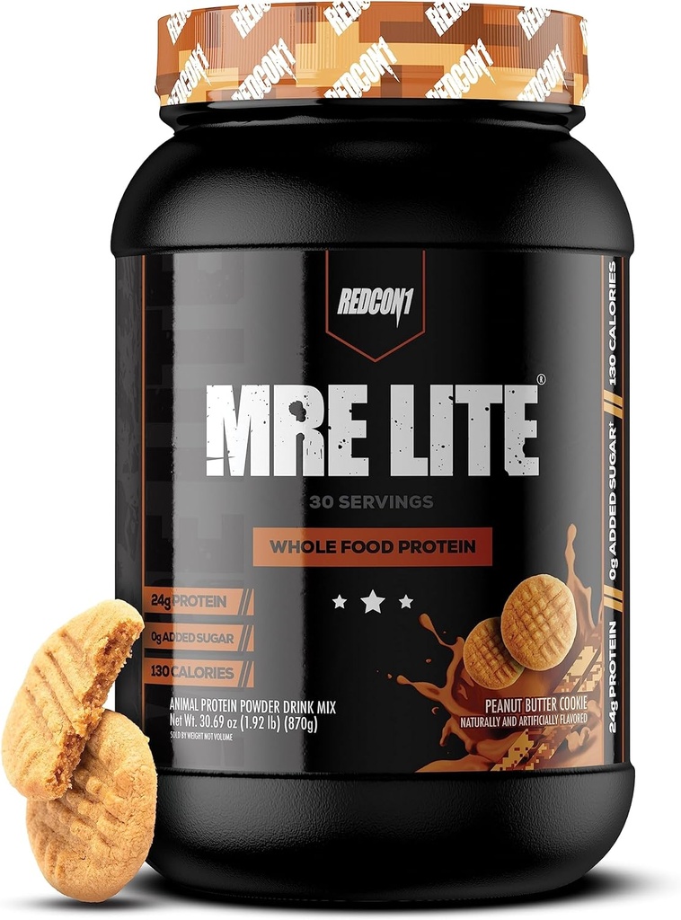 REDCON1 MRE Lite Whole Food Protein Powder, Peanut Butter Cookie - Low Carb & Whey Free Meal Replacement with Animal Protein Blends - Easy to Digest Supplement Made with MCT Oils (30 Servings)