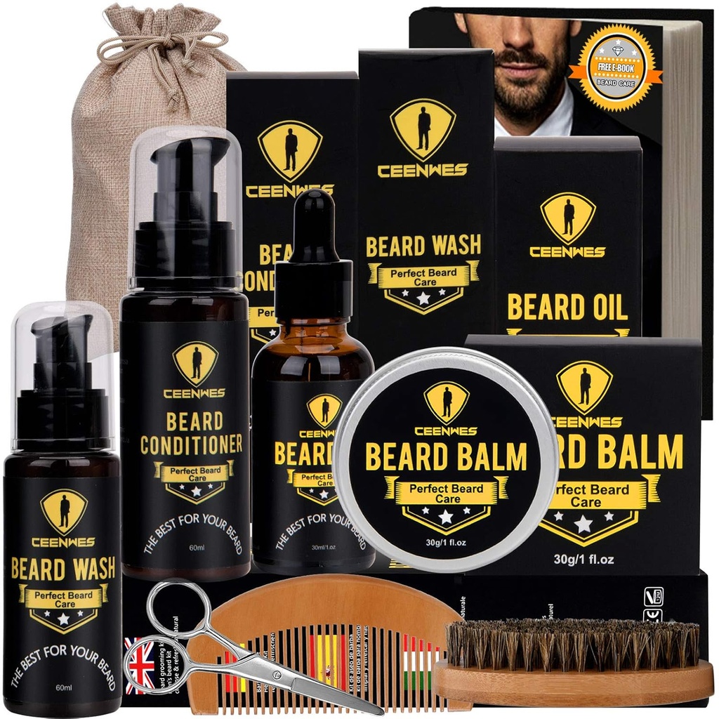 Ceenwes Opgraderet Beard Grooming Kit - Conditioner, Olie, Brush, Comb, Balm, Saks, Opbevaring Bag til Beard og Mustache Trimming, Perfekt Herregave