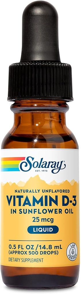 SOLARAY vitamin D3 flydende dråber 25 mcg (1000 IE) - Forbedret Absorption vitamin D dråber i solsikkeolie til VIT D3 Support - naturligt Unflavored, Dropper inkluderet - Ca.. 500 Tjenester, 0.5oz