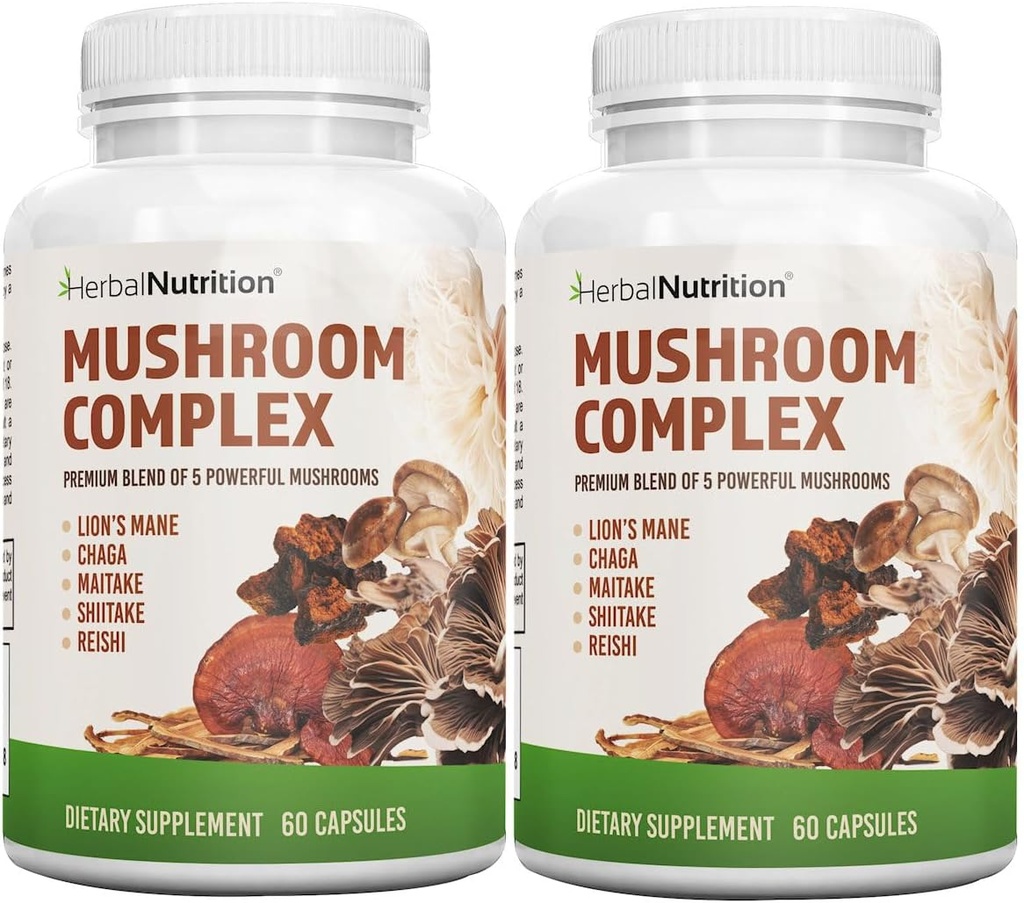 Urteernæring Mushroom Complex 700mg til 1400mg. De 5 mest kraftfulde svampe - Lions Mane, Reishi, Chaga, Maitake, Shiitake - Understøtter immunforsvar, Nootrop Brain Sundhed for Memory & Focus