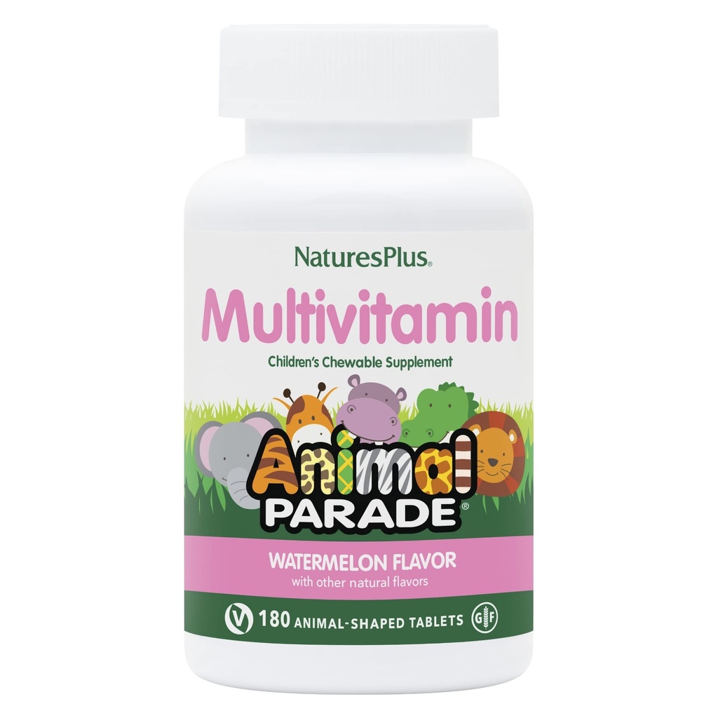 Natures Plus Animal Parade Children 's Chewable Multivitamin, Watermelon - 180 Animal- Shaped Tablets - Promodes Health & Well- Being - Vegan, Gluten Free - 90 Servere