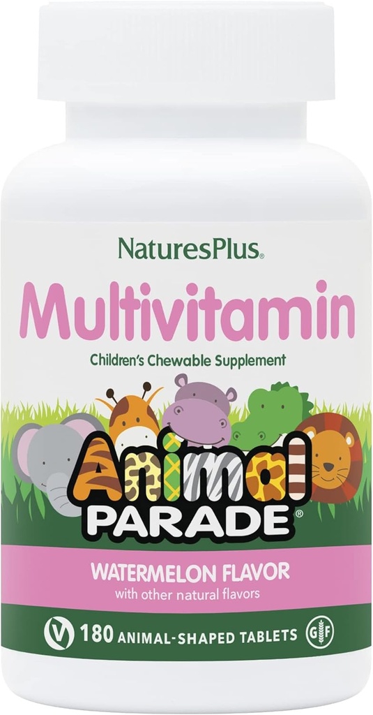 Natures Plus Animal Parade Children 's Chewable Multivitamin, Watermelon - 180 Animal- Shaped Tablets - Promodes Health & Well- Being - Vegan, Gluten Free - 90 Servere