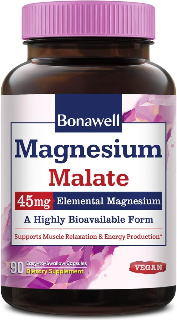 Bonawell Magnesiummalat, bundet til Malic Acid, høj absorption, 45 mg Elemental Magnesium, Muscle Relaxation & Energy Production, Easy- to- Swallow Caps, No Gluten Soy & Dairy, Vegan & Non- GMO, 90 Cts