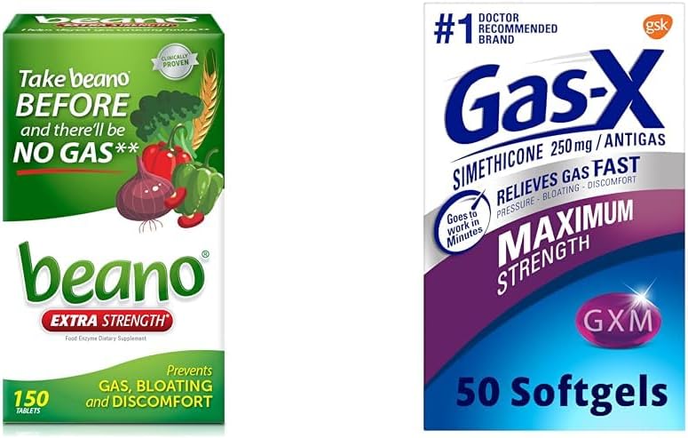 Beano Food Enzyme Kosttilskud: 124; Help Digest Gas- Causing Foods: 124; 150 tabletter & Gas- X Maksimal styrke Gas Relief Softels med Simeticone 250 mg for Bloating Relief - 50 Tæl