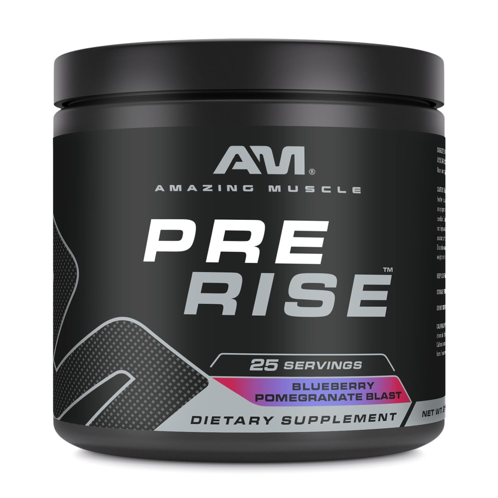 Amazing Muscle Pre Rise Budd124; Pre- Workout Powder supplement med Koffein & Beta- Alanine for mænd & Kvinder Budd124; 25 Servering (25 Servere, Blåbær Pomegranat Blast)