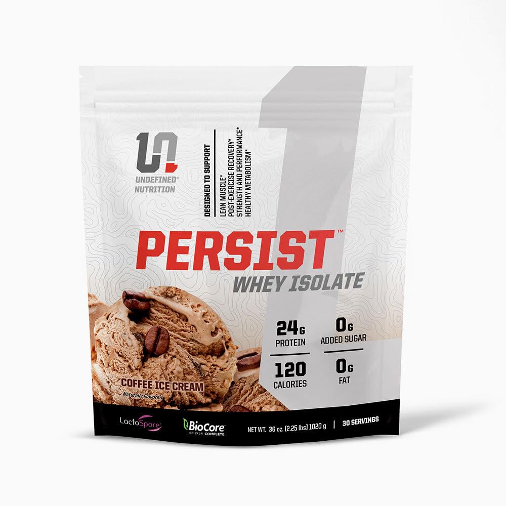 Udefineret ernæring Persist Whey Isolere af Brian Shaw - 24g Protein, 30 Servering - Understøtter inddrivelse, Styrke & ydeevne - Gluten Free, Hurtig Absorbing (2.18lbs, Coffee Ice Cream)