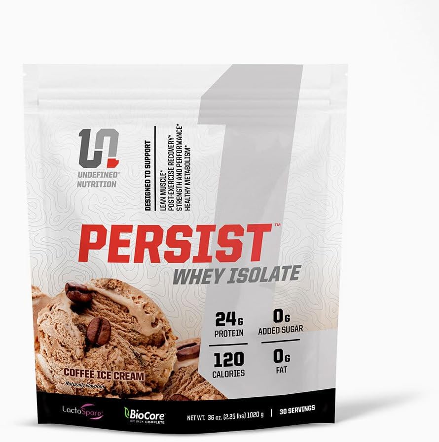 Udefineret ernæring Persist Whey Isolere af Brian Shaw - 24g Protein, 30 Servering - Understøtter inddrivelse, Styrke & ydeevne - Gluten Free, Hurtig Absorbing (2.18lbs, Coffee Ice Cream)