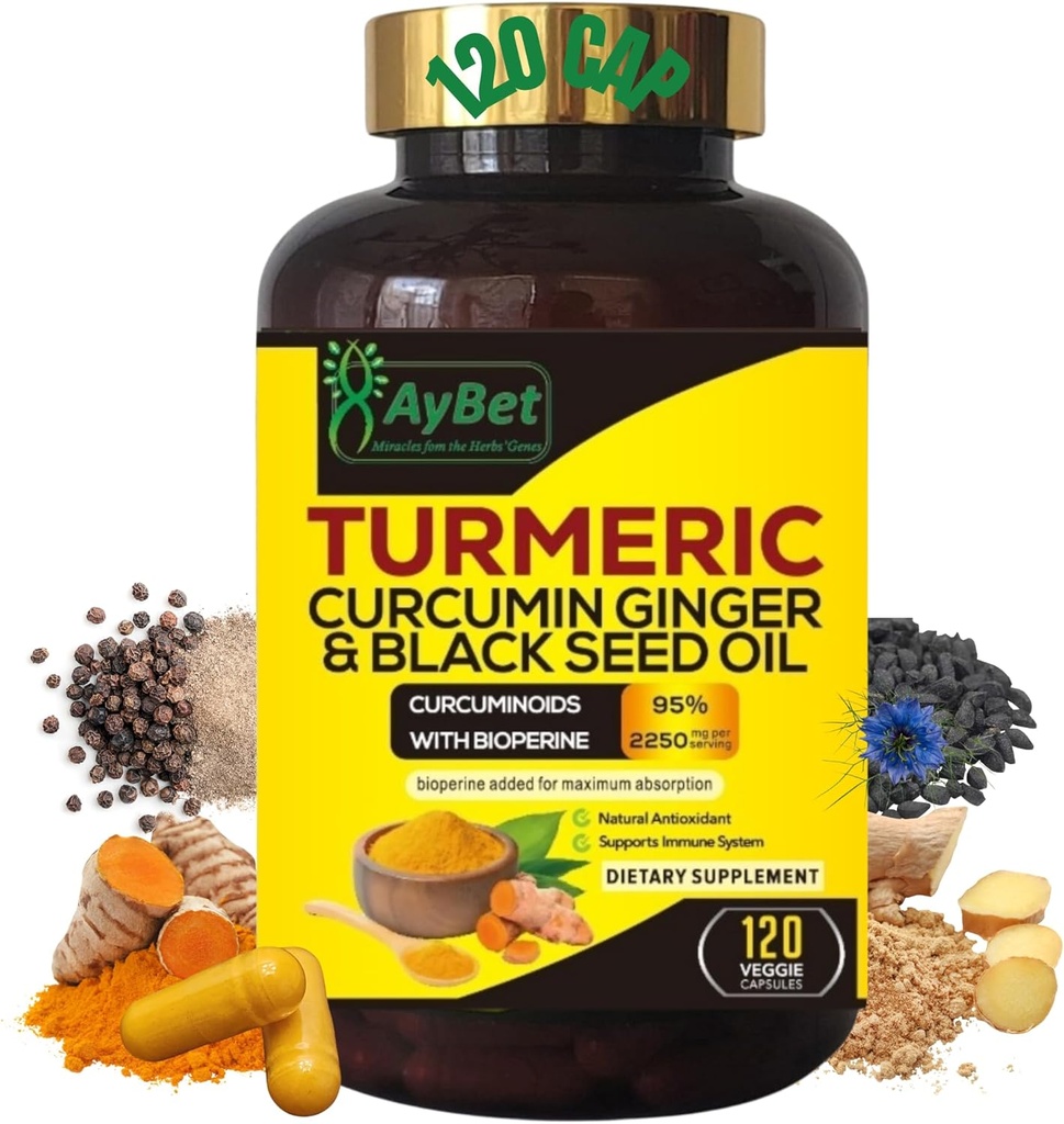 World 1st.Turmerisk Curcumin Ginger og Black Seed Oil, 120 Caps, 2250mg, 95% Curcuminoids, BioPerin Tilføjet, Ekstra Styrke, Økologisk, Halal, Vegan, Support Immunsystem, Fælles Support (120)