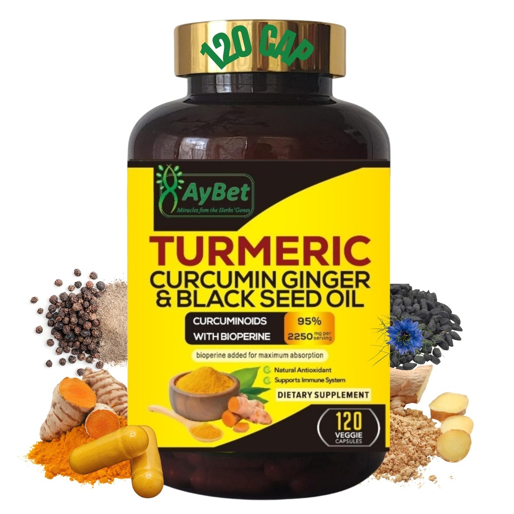 World 1st.Turmerisk Curcumin Ginger og Black Seed Oil, 120 Caps, 2250mg, 95% Curcuminoids, BioPerin Tilføjet, Ekstra Styrke, Økologisk, Halal, Vegan, Support Immunsystem, Fælles Support (120)