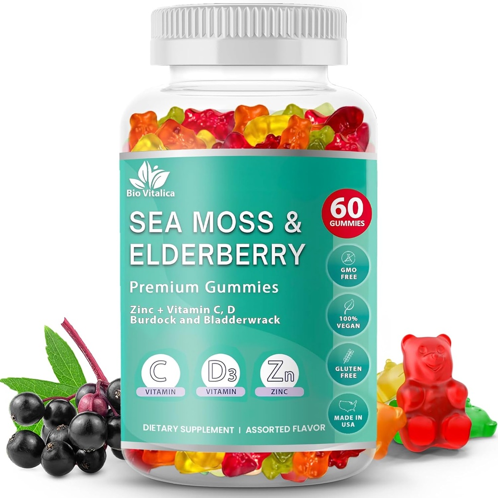 BIO VITALICA Sea Moss Gummies Elderberry BioVitalica - Vitamin C D + Zink - Irish Seamoss Vegan Gummy med Sea Moss Gel & Powder for Immunity, Detox - for voksne og børn