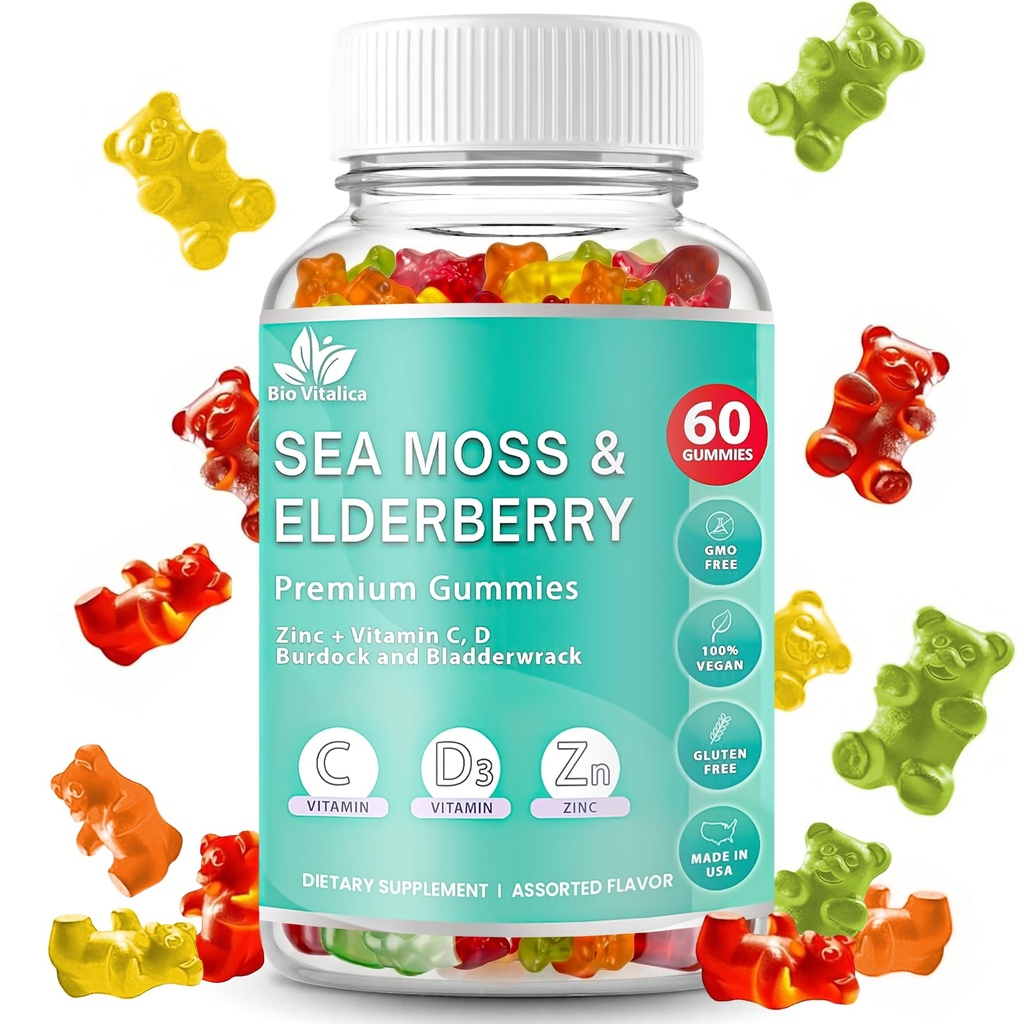 BIO VITALICA Sea Moss Gummies Elderberry BioVitalica - Vitamin C D + Zink - Irish Seamoss Vegan Gummy med Sea Moss Gel & Powder for Immunity, Detox - for voksne og børn