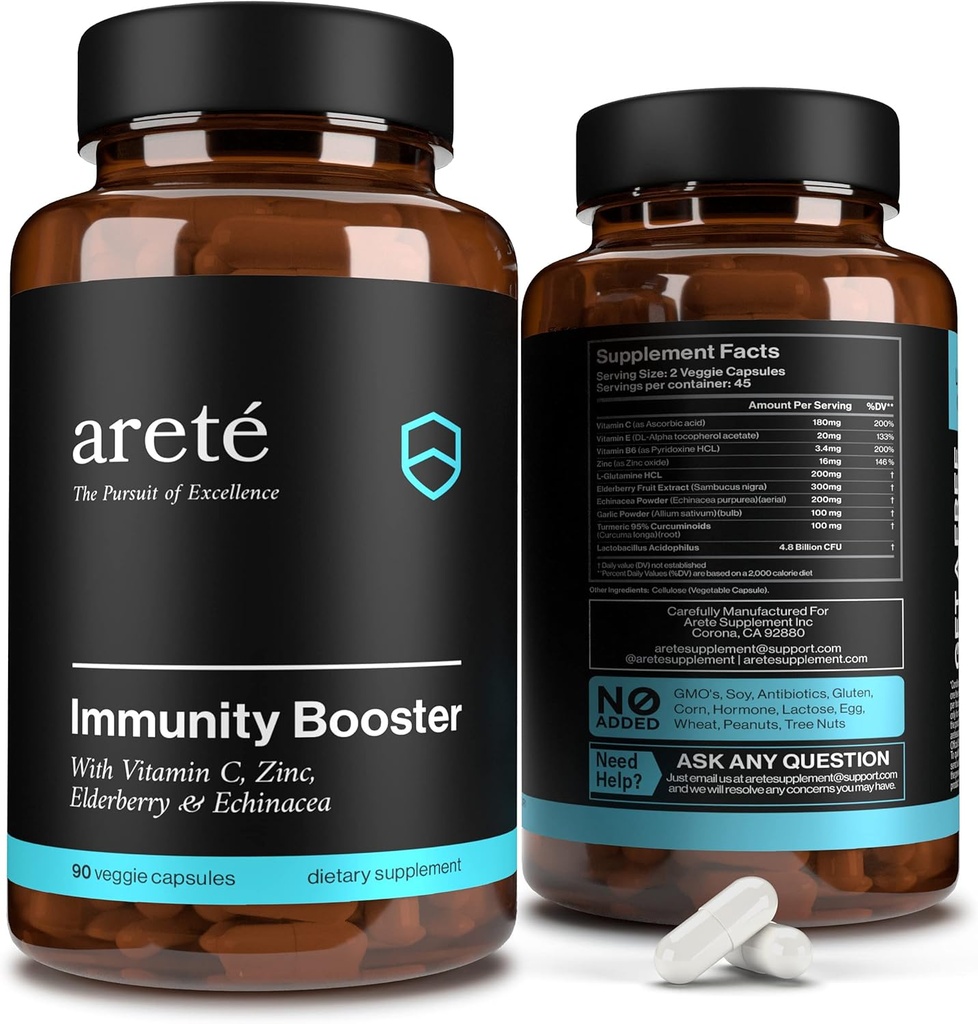 Premium Immunity Booster Supplement - 10 i 1 Natural Respiratory & Immunsystem Booster, 90 kapsler, C-vitamin, Zink, Elderberry, gurkemeje Curcumin, hvidløg, Probiotisk immunboost Support Vitaminer