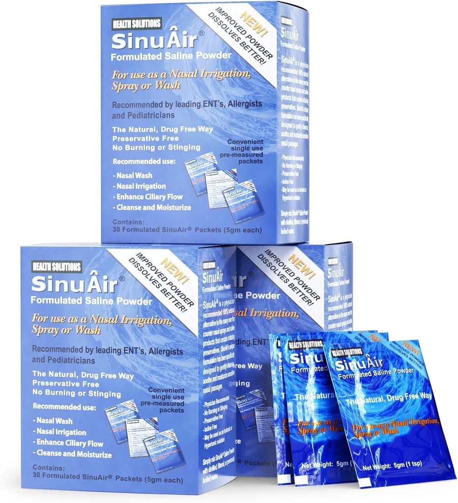 SinuAir Saline Pakker til Sinus Rinse - Premixed Salt Solution Powder til SinuPulse Elite System, Neti Pot, Næsevask Flaske & Nasal Vanding, 90 Pakker