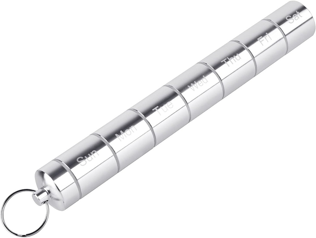 Pill Box Organizer, 7 Compartment Pill Case, Waterproof Emergency Medicine Container, Daily Pills Holder, Pill Dispenser Storage Box with Keychain, Ideal for Travel/Outdoor/Crush-Resistant (Sliver)