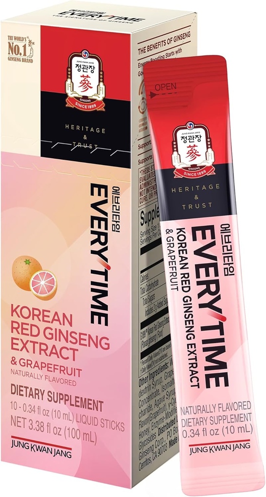 JUNG KWAN JANG Everytime Koreansk Rød Ginseng Extract 1.000mg & Grapefrugt - Vegan Ginseng Root Energy Drink Liquid Stick Kosttilskud - Bygger Stamina & Immunitet, Ingen Koffein (10 sticks, 0.34 fl oz)