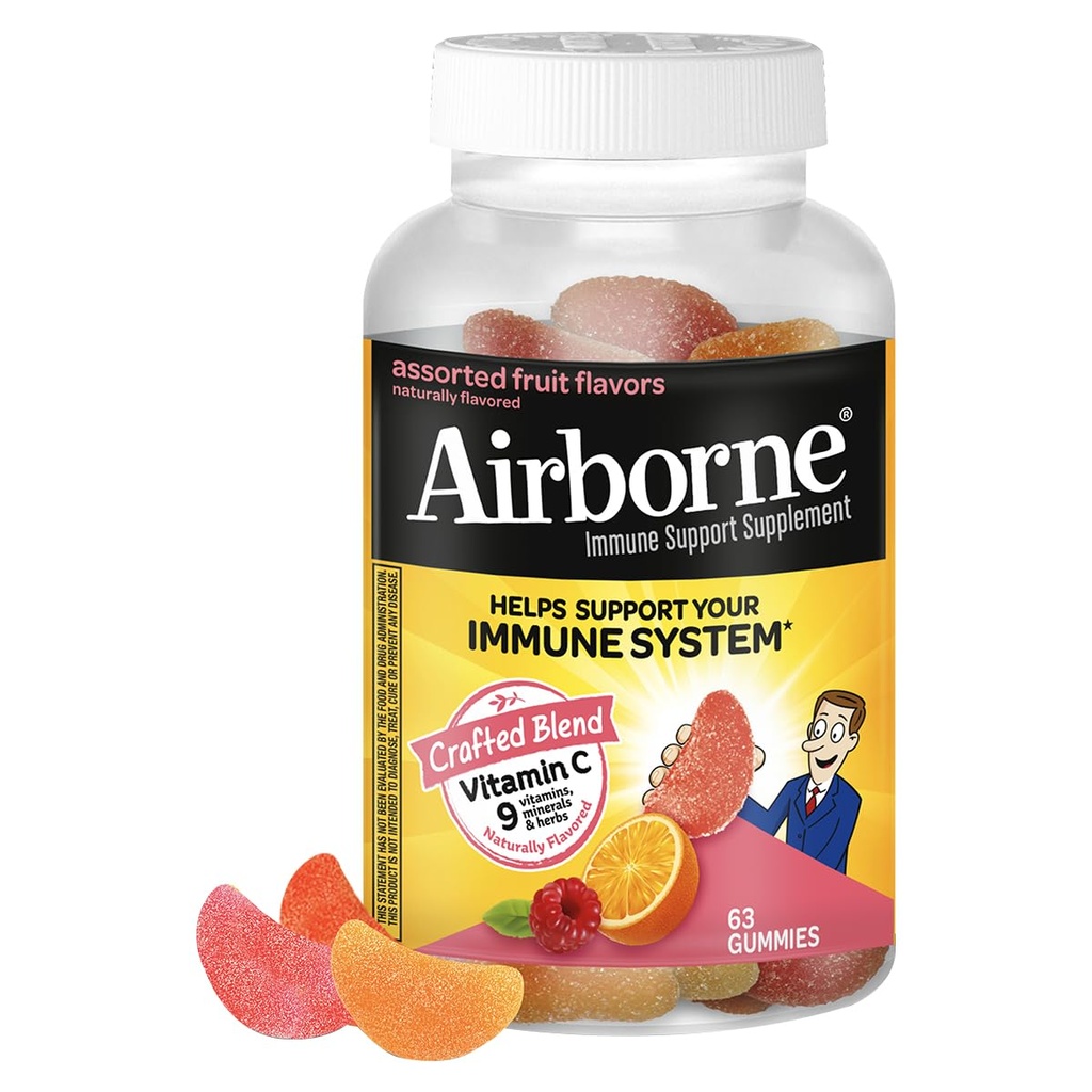 Vitamin C 750mg (per servering) - Airborne Assorted Fruit Flavored Gummies (63 Tæl i en flaske), Glutenfri immunforsvar supplement med vitaminer A C E, Selen, Echinacea & Ingefær