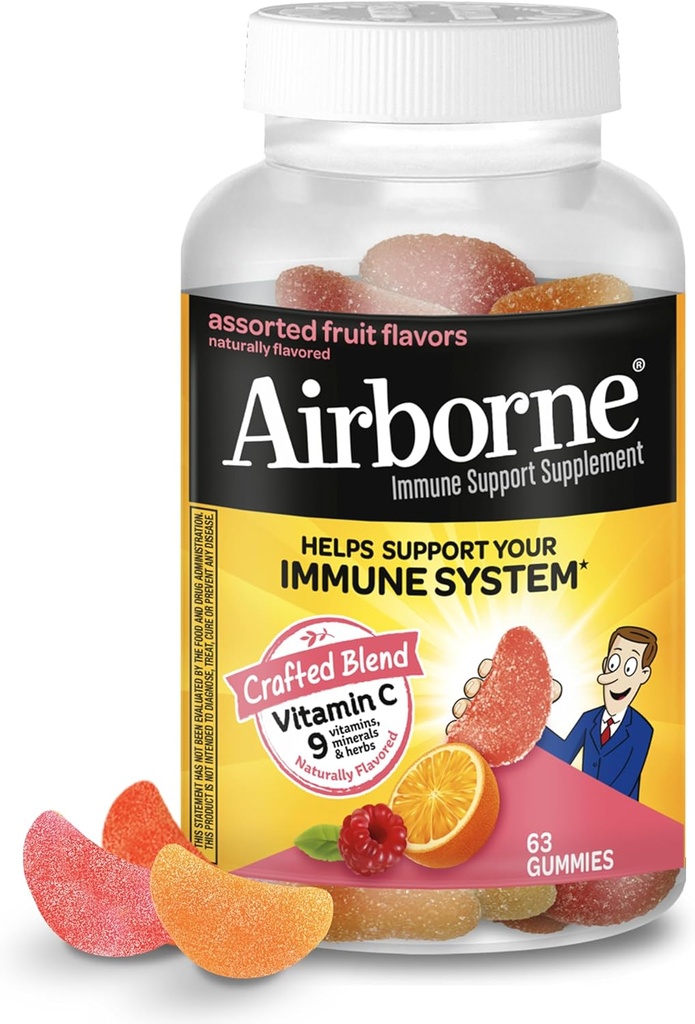 Vitamin C 750mg (per servering) - Airborne Assorted Fruit Flavored Gummies (63 Tæl i en flaske), Glutenfri immunforsvar supplement med vitaminer A C E, Selen, Echinacea & Ingefær