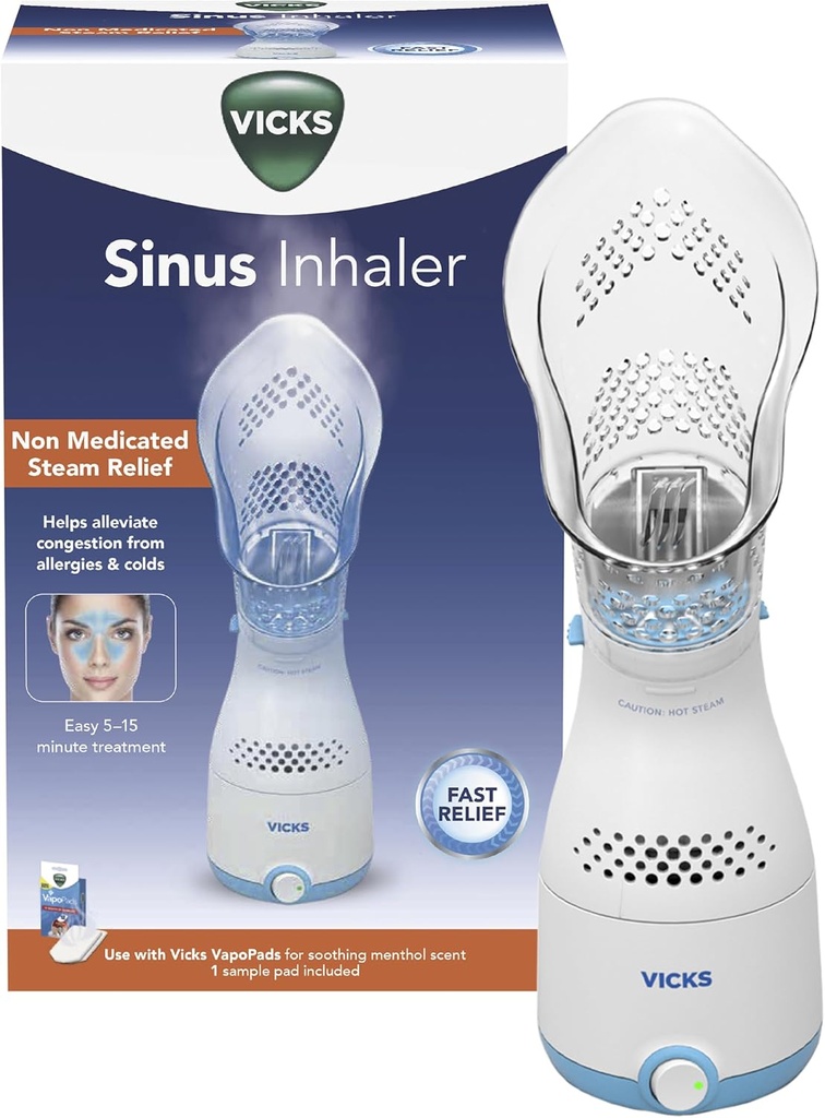 Vicks Sinus Inhaler - Non-Medicated Steam Relief for Allergier, Congestion, Hough & Colds, Vocal Steamer, Sothes Nasal & Throat Passages, Arbejder med VapoPads (1 Inkluderet)
