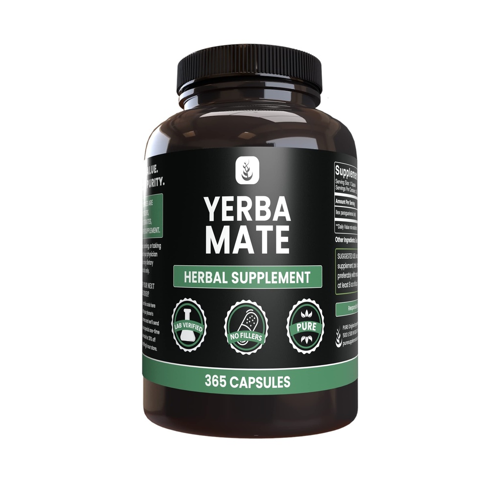 PURE ORIGINAL INGREDIENSER Yerba Mate (365 kapsler), Ingen Magnesium eller ris fyldstoffer, Altid Pure, Lab Verified