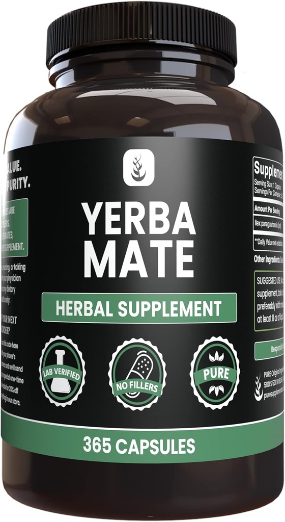 PURE ORIGINAL INGREDIENSER Yerba Mate (365 kapsler), Ingen Magnesium eller ris fyldstoffer, Altid Pure, Lab Verified