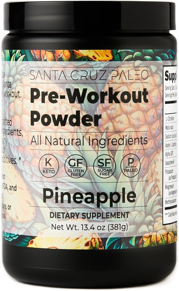 Santa Cruz Paleo Pre Workout Powder Electrolytes, Magnesium, Potassium, Sea Salt & L Citrulline, Caffeine & Sugar Free Preworkout Drink Mix for Energy & Hydration, Pineapple Flavor, 30 Servings