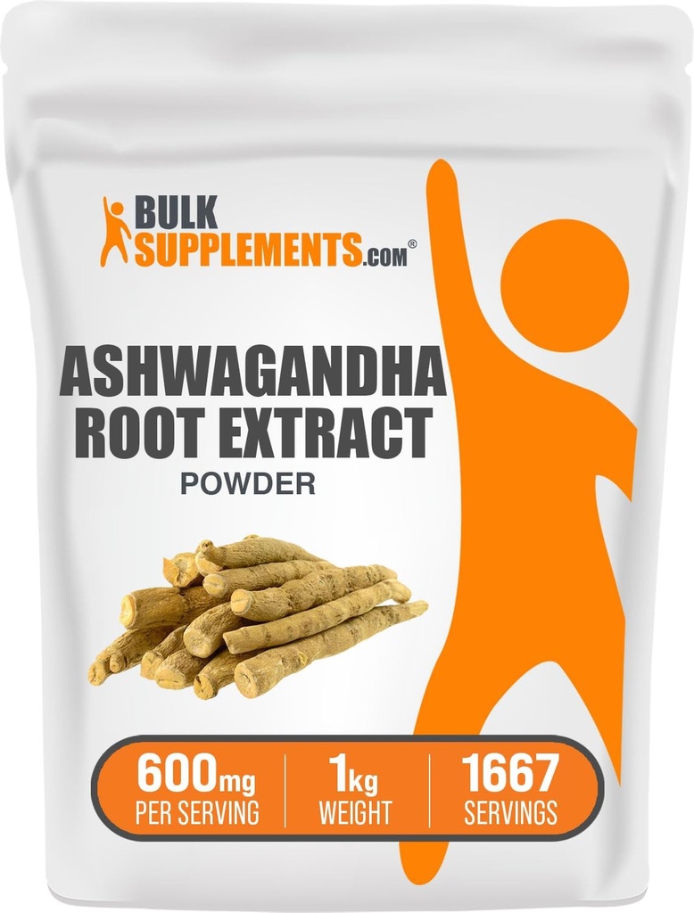 BulkSupplements.com Ashwagandha Root Extract Powder - Ashwagandha Supplement, Herbal Supplement - Vegan & Gluten Free, 600mg per Serving, 1kg (2,2 lbs) (Pack of 1)