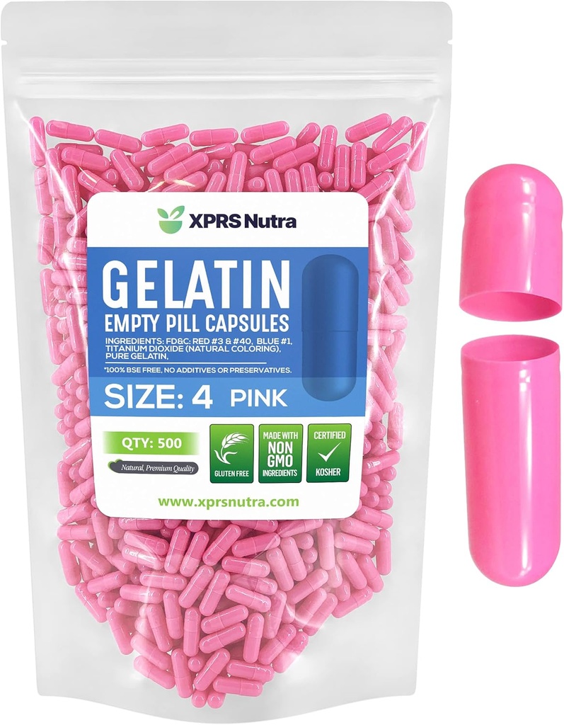 XPRS Nutra Størrelse 4 Tomme kapsler - 500 Tomme Gelatine kapsler - Pille Gelcaps - DIY Capsule Fyldning - Pure Bovin Pill Gel Caps (Pink)