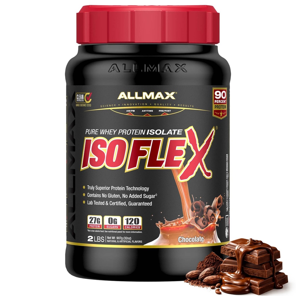 ALLMAX ISOFLEX Whey Protein Isolate, Chokolade - 2 LB - 27 Grams Protein Per Scoop - Zero Fat & Sugar - 99% Lactose Free - Gluten Free & Soy Free - Ca. 30 Servering