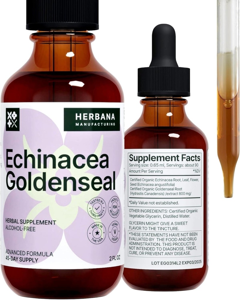 Echinacea og Goldenseal 2 fl oz Liquid Extract - Natural Herbal Supplement - Immunsupport Drops - Enhance Sleep Mea124; Boost Energy - High Potence - 45-Day Supply