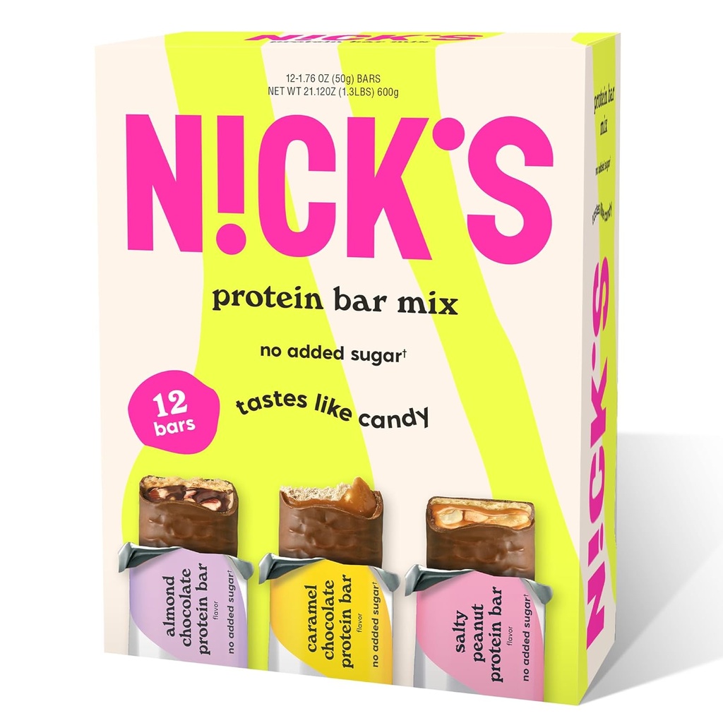 Nick's Protein Bars Chocolate Variety Pack High Protein, Low Calories, Low Carb Keto Friendly Snacks No Added Sugar, Salty Peanut, Chocolate Caramel and Almond Chocolate (12 Pack)