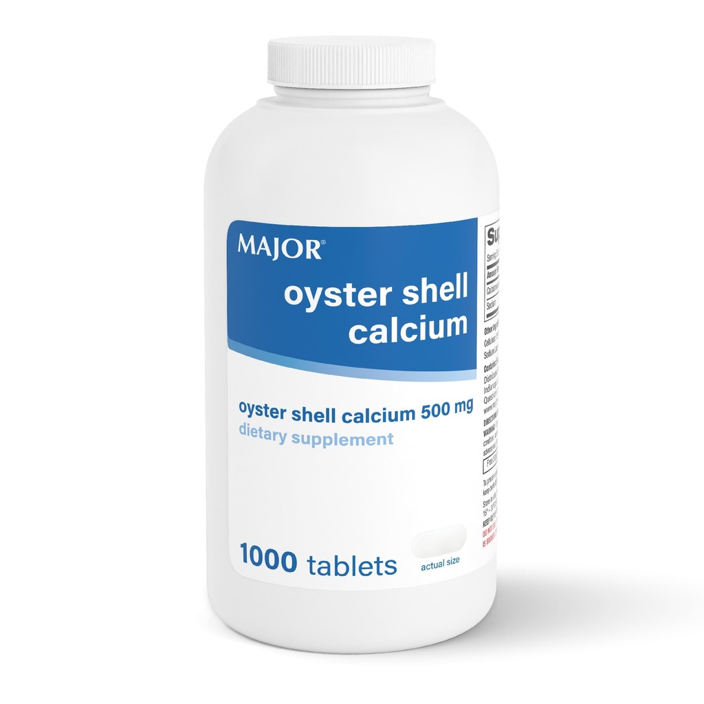 MAJOR Oyster Shell Calcium 500mg - Dagligt Kosttilskud til ben Sundhed og fælles støtte, Mineral supplement til mænd og kvinder, Gluten- Free - 1000 tabletter (1 pakke)